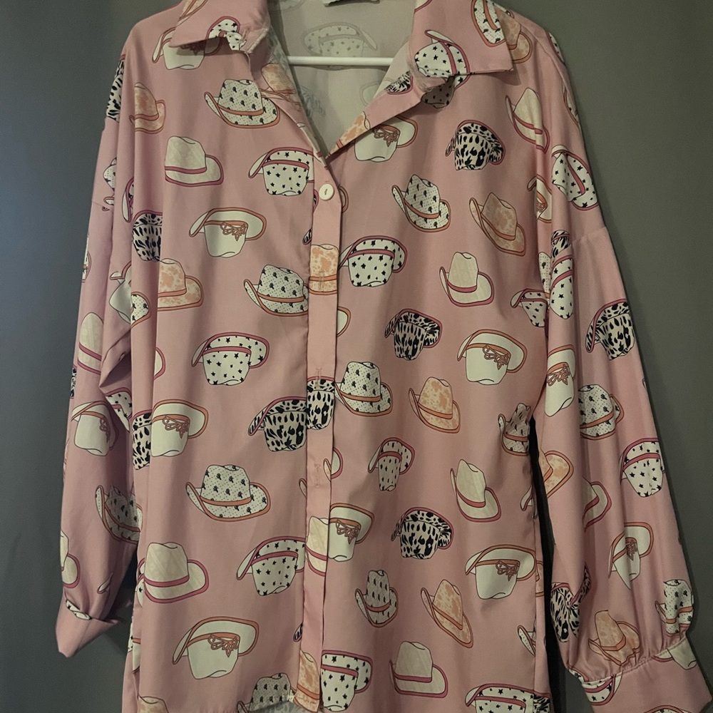 Pink COWBOY Hat Print Button-Up Shirt